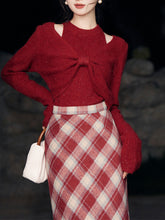 Load image into Gallery viewer, 2PS Red Bow Knitted Sweater Top With Plaid Skirt Vintage 1950s Suits