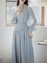 Load image into Gallery viewer, Baby Blue Bow Collar Chiffon Pleat Edwardian Revival Vintage Party Dress