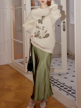 Load image into Gallery viewer, 2 Piece White Crew Neck Embroidered Sweatshirt and Green Satin Fishtail Skirt Set