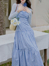 Load image into Gallery viewer, 3PS Blue Plaid Spaghetti Strap Dress With Blue Shawl Dress Suit