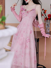 Load image into Gallery viewer, 2PS Pink Rose Handmade Flower Suspender Print Vintage Dress and Cardigan Suit