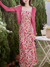 Load image into Gallery viewer, 2PS Pink Floral Print Spaghetti Strap Dress With Rose Shawl Dress Suit