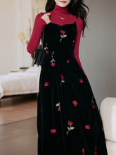 Load image into Gallery viewer, 2PS Red Top And Black Strap Rose Embroidered Velvet 1950S Dress Set