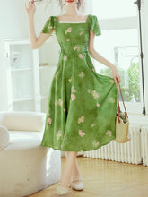 Load image into Gallery viewer, Green Square Neck Short Sleeve Floral Vintage Dress