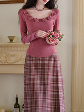 Load image into Gallery viewer, 2PS Pink Rose Sweater And Plaid Straight  Skirt 1950s Vintage Audrey Hepburn&#39;s Style Outfits