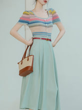 Load image into Gallery viewer, 2PS Green Round Collar Stripe Knitted Shirt And Swing Skirt Dress Set