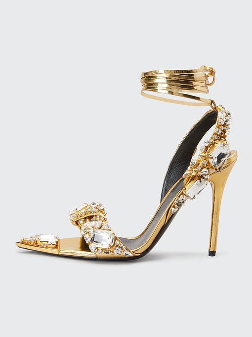 10CM High Heel Gold Rhinestones Square Toe Twine Sandals