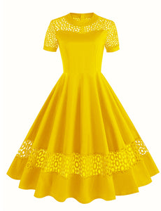 Yellow Semi Mesh Lace Short Sleeve 50S Swing Dress