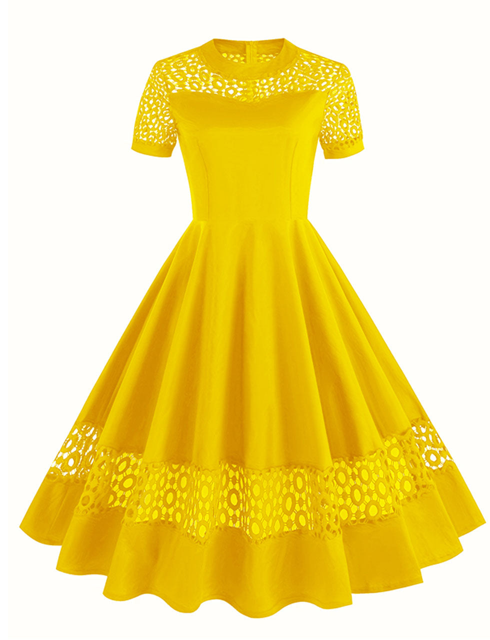 Yellow Semi Mesh Lace Short Sleeve 50S Swing Dress