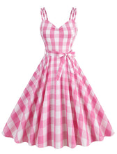 Load image into Gallery viewer, Pink And White Plaid Spaghetti Straps Barbie Retro Swing Dress
