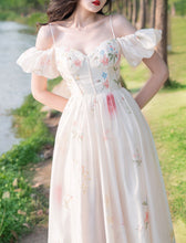 Load image into Gallery viewer, White Floral Print Off Shoulder Corset Spaghetti Strap 1950S Vintage Dress
