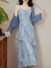 Load image into Gallery viewer, 2PS Blue Floral Print Spaghetti Strap Dress With Blue Shawl Dress Suit