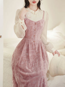 Pink Spaghetti Strap Princess Velvet Dress