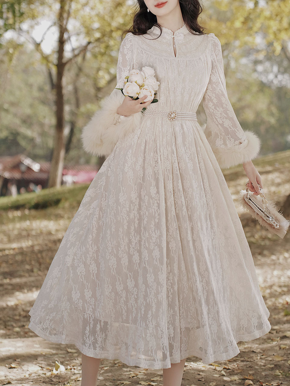 Apricot Lace Fur Sleeve 1950S Vintage Dress With Pearl Belt 