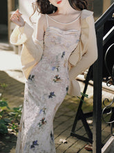 Load image into Gallery viewer, 2PS Apricot Floral Print Spaghetti Strap Velvet Dress With White Knit Cardigan Dress Suit