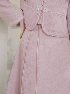 2PS Pink Long Sleeve Warm Coat With Pink Split Skirt Vintage Suit