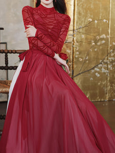 Red Romantic Ruffle Long Sleeve Vintage Maxi Swing Dress Prom Dress