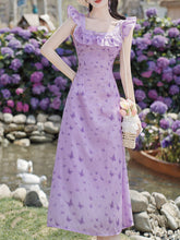 Load image into Gallery viewer, Purple Butterfly Print Shoulder Ruffles Vintage Dress