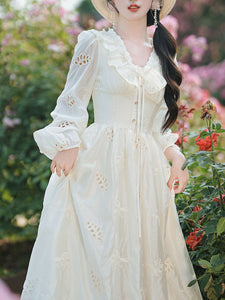 White V Neck Long Sleeved Embroidered Hollow Cotton Dress