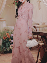 Load image into Gallery viewer, Pink Printed V-Neck Long Sleeve Fishtail Vintage Dress