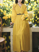 Load image into Gallery viewer, Yellow V-neck Boho Embroidered Bohemian Dress