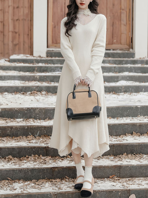 White Lace Top and V Neck  Knit Sweater Dress 1950S Vintage Dress Suits