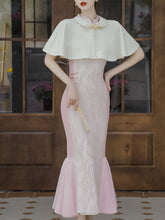 Load image into Gallery viewer, Pink Cheongsam Fishtail Maxi Dress Prom Dress With White Cape