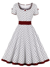 Load image into Gallery viewer, White Polka Dots  Square Collar Puff Sleeve 1950S Vintage Swing Dress