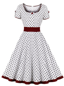 White Polka Dots  Square Collar Puff Sleeve 1950S Vintage Swing Dress