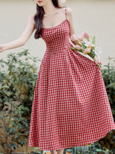 Load image into Gallery viewer, 2PS Red Plaid Spaghetti Strap Dress With White Shawl Dress Suit