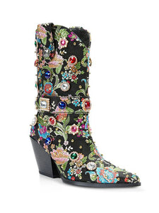 15CM Luxury Embroidered Rivet Chunky High Heel Platform Boot Vintage Shoes