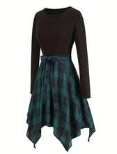 Load image into Gallery viewer, Christmas Green Crew Neck Long Sleeve Plaid 1950S Vintage Swing Dress