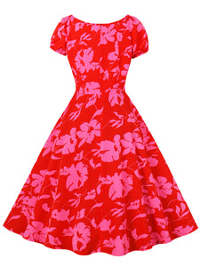 Red Floral Print Sweet Heart Collar Cap Sleeve 1950S Vintage Swing Dress