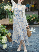 Load image into Gallery viewer, 2PS Blue Daisy Floral Print Halter Neck Dress With White Shawl Dress Suit