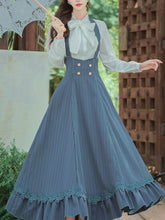 Load image into Gallery viewer, 2PS White Bowknot Shirt And Blue Stripe Swing Strap Dress 1950S Dresss Set