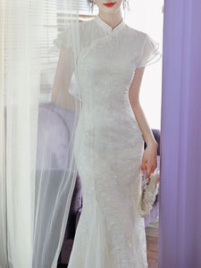 White Lace Ruffle Sleeve Sequined Fishtail Cheongsam Fishtail Wedding Dress