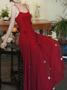 Red Rose Handmade Flower Spaghetti Strap Swing Engagement Party Dress