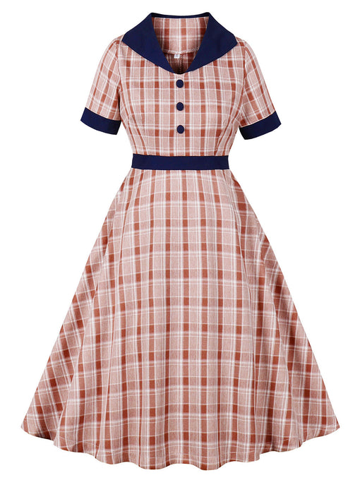 1950S Brown Sailor Collar Plaid Short Sleeve Vintage Dress