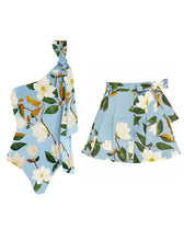 Load image into Gallery viewer, Blue One Shoulder Two Piece Floral Print Swimsuit With Bathing Suit Mini Skirt