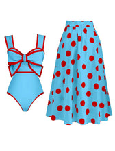 Load image into Gallery viewer, Bow Retro Style One Piece With Polka Dots Bathing Suit Swing Skirt