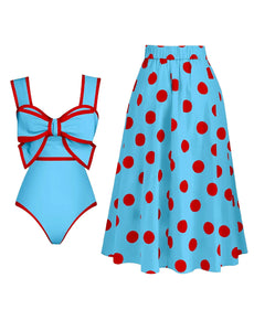 Bow Retro Style One Piece With Polka Dots Bathing Suit Swing Skirt