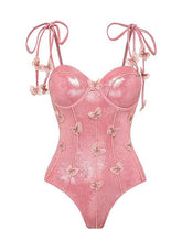 Load image into Gallery viewer, Pink Luminous Fabric One-piece Swimsuit With Bathing Suit Warp Skirt