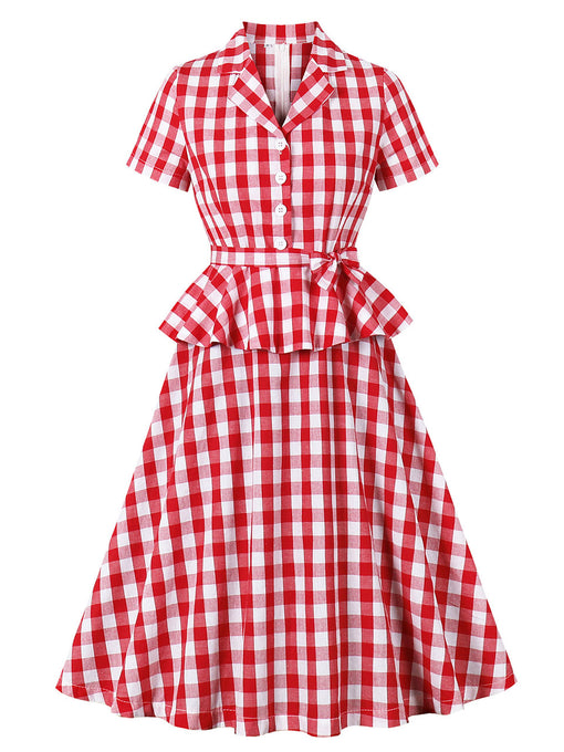 1950s Red Turn Down Collar Plaid Short Sleeve Vintage Dress