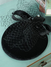 Load image into Gallery viewer, Black Handmade Bow Birdcage Veil Vintage Wool Beret