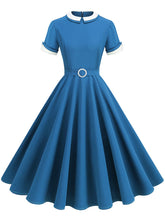 Load image into Gallery viewer, 1950s Blue Peter Pan Collar Cap Sleeve Vintage Swing Dress