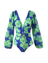 Load image into Gallery viewer, Green Floral Deep V Retro Style One Piece With Bathing Pant Suit