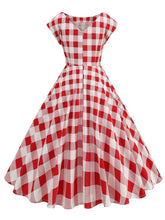 Load image into Gallery viewer, 1950s Crew Neck Plaid Cap Sleeve Vintage Swing Dress