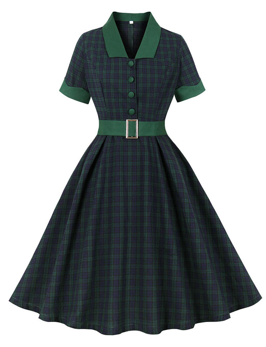 Christmas Green Plaid 1950S Cotton Vintage Dress With Belt