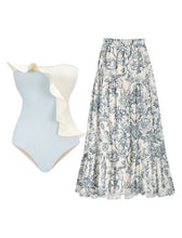 Load image into Gallery viewer, Blue Retro Style Ruffles One Piece With Bathing Suit Swing Skirt