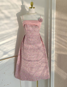 Pink Camellia Flower Spaghetti Strap Tweed Party Dress
